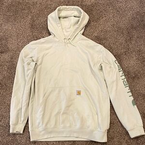 Carhartt Men's Light Cream Hoodie with Green Sleeve Logo